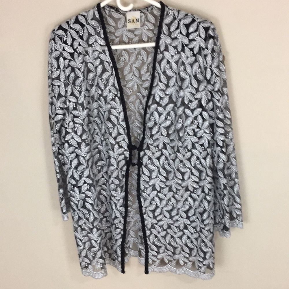 Sam Sparkling Black and Silver Leaves Mesh Sheer Evening Jacket
